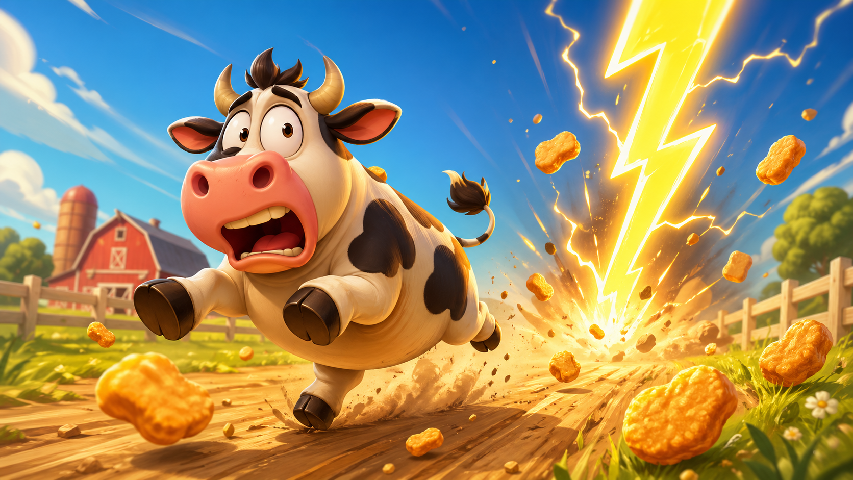 A cartoon cow sprinting away from a bright lightning bolt in a playful farm arcade scene
