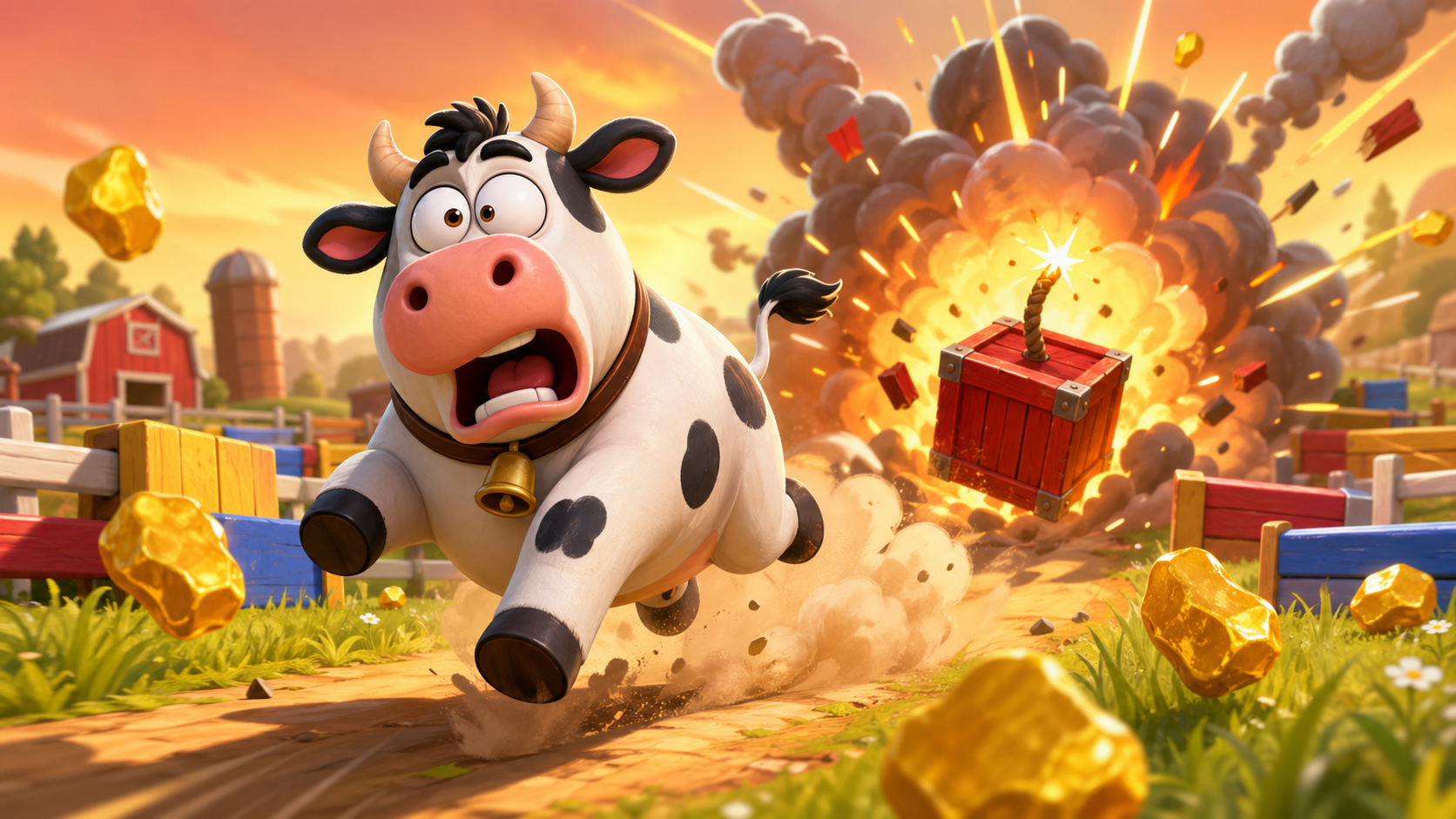 A cartoon cow running away from a comedic TNT burst while nuggets fly through the air